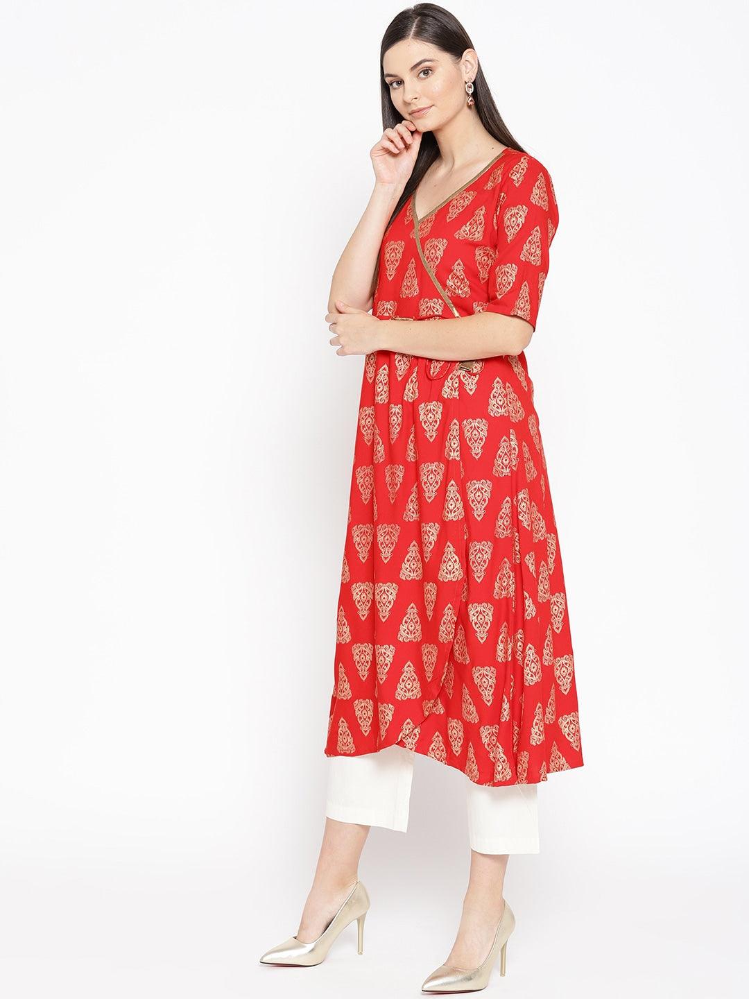 Women's Red & Golden Printed Angrakha A-Line Kurta - NOZ2TOZ - Indiakreations