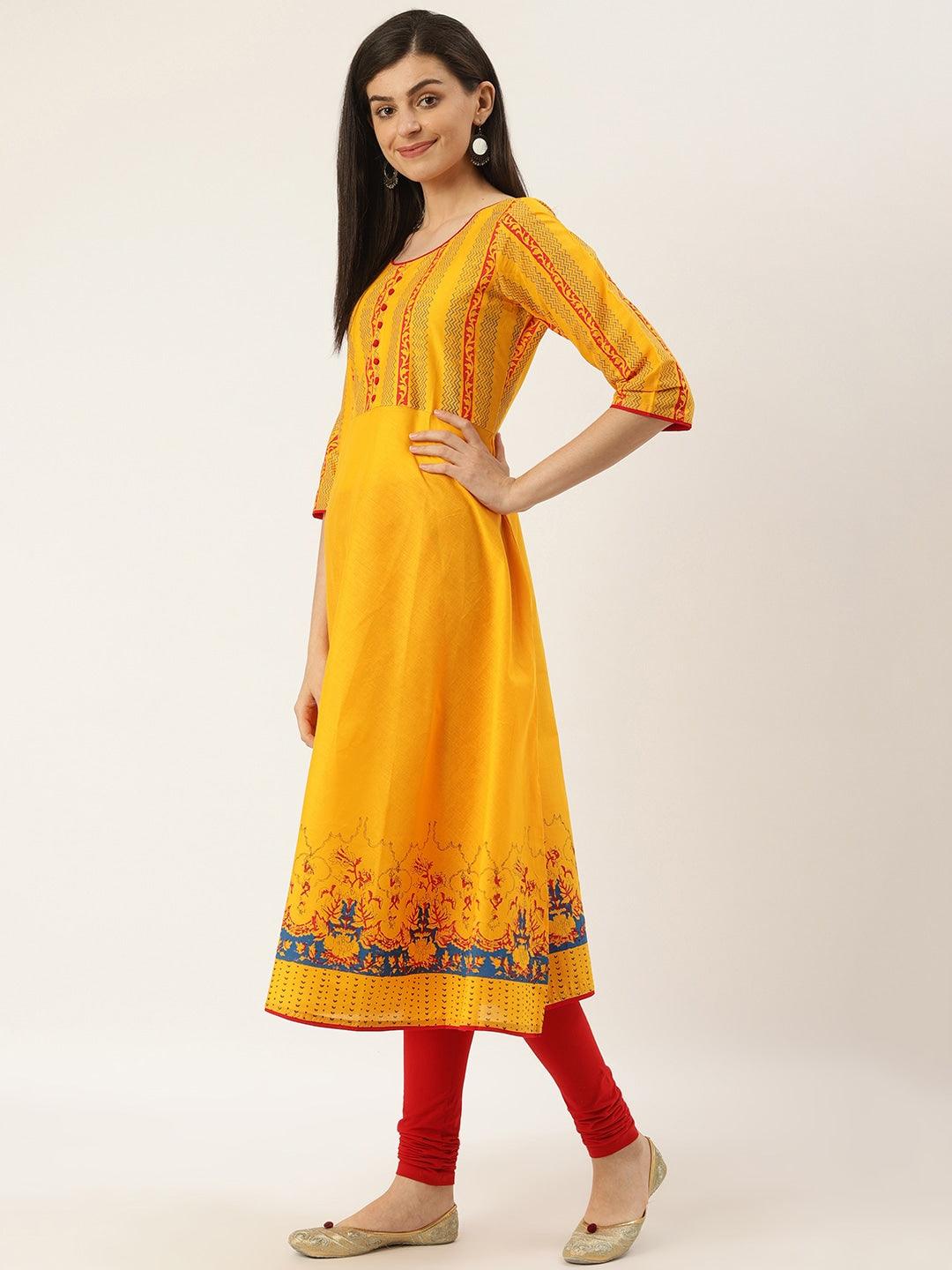 Women's Yellow & Navy Blue Hand Block Printed A-Line Kurta - Wahe-Noor - Indiakreations