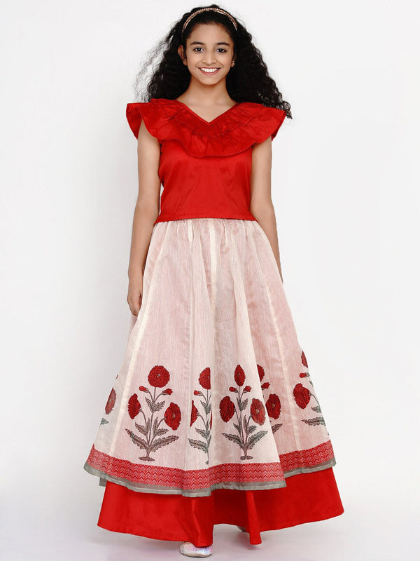 Girl's Red & Off White Block Print Ready to Wear Lehenga Choli - NOZ2TOZ KIDS