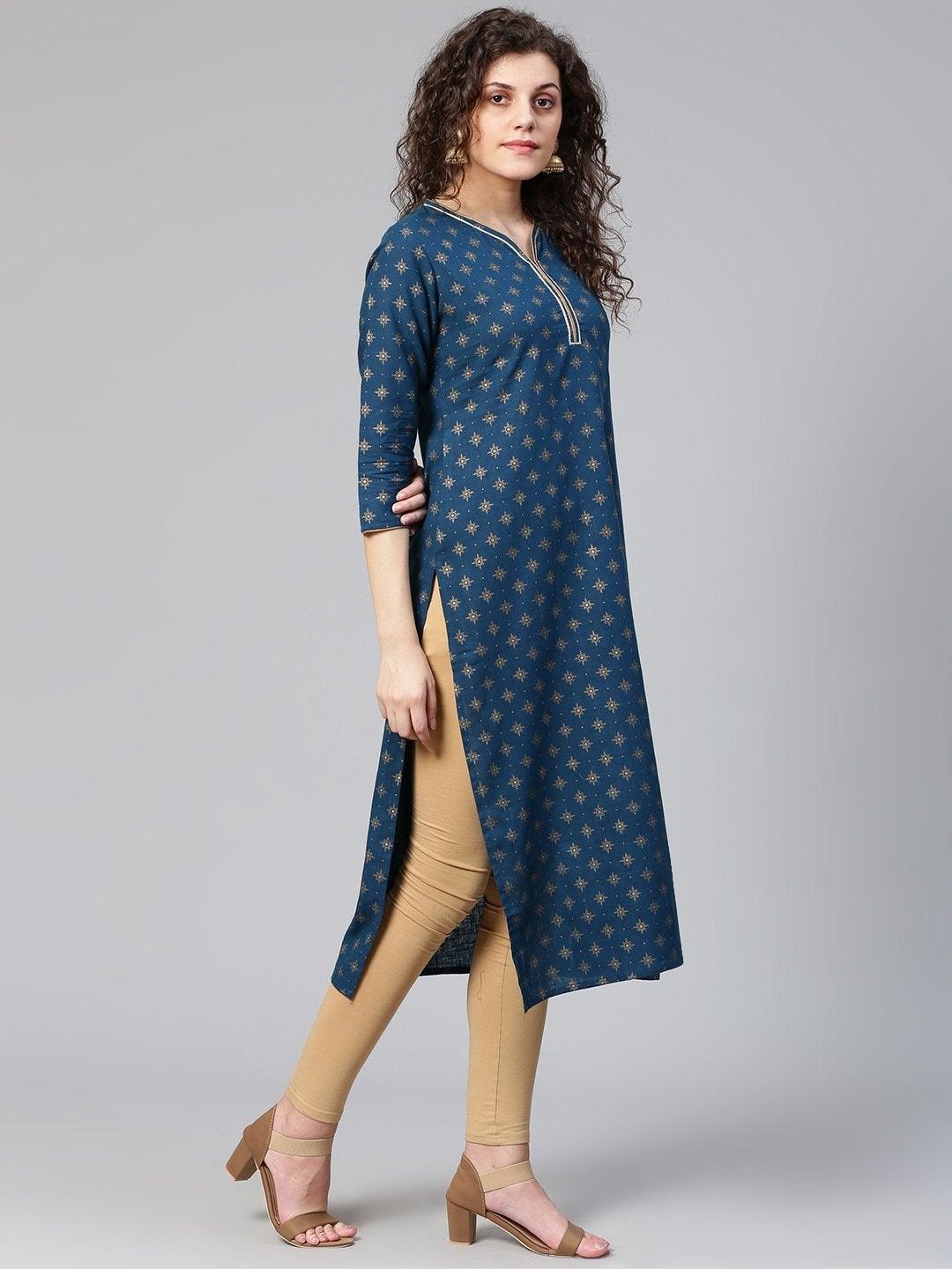 Women's Navy Blue & Golden Printed Straight Kurta - Meeranshi - Indiakreations