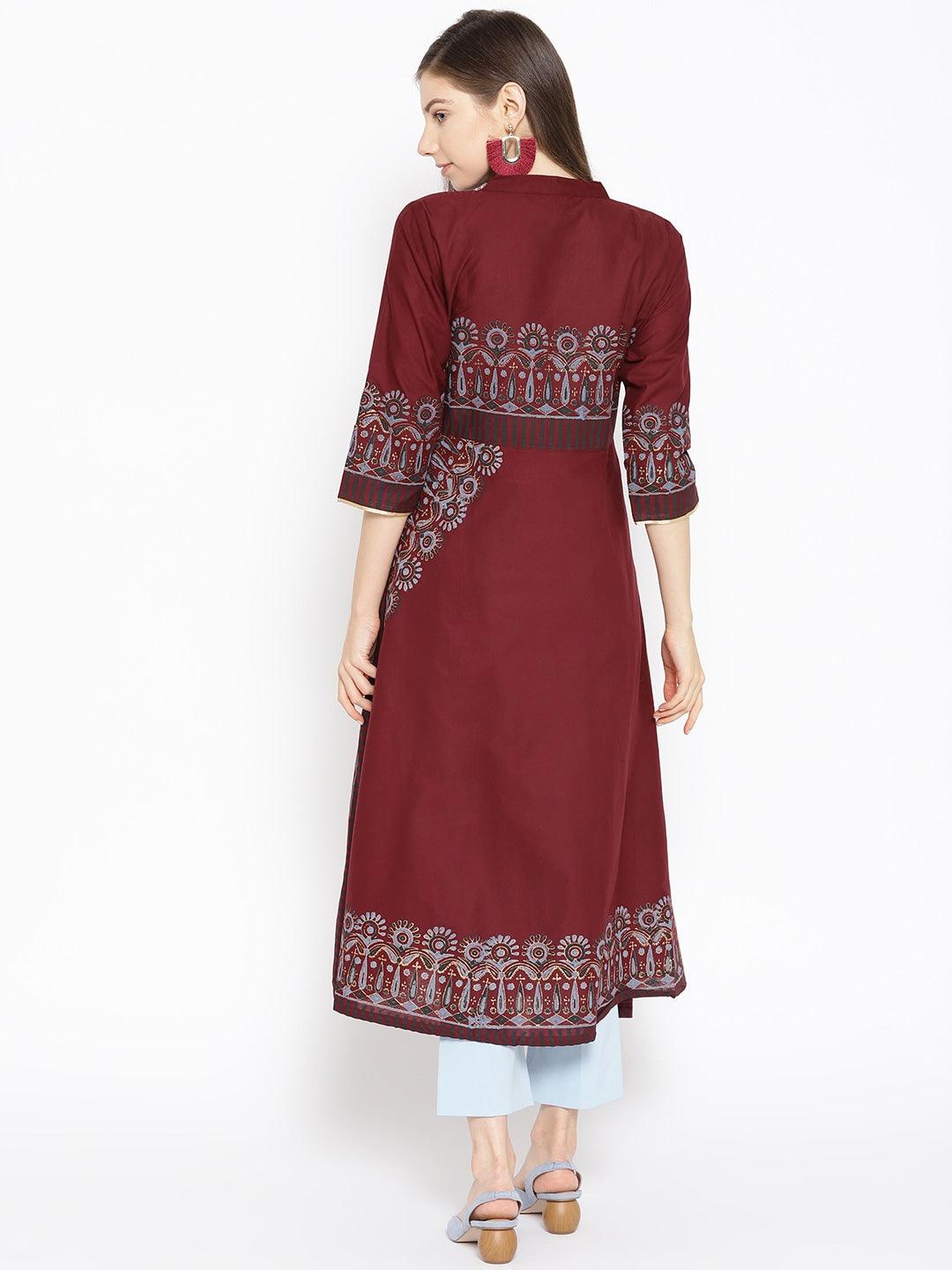 Women's Maroon & Grey Printed A-Line Kurta - Noz2Toz - Indiakreations