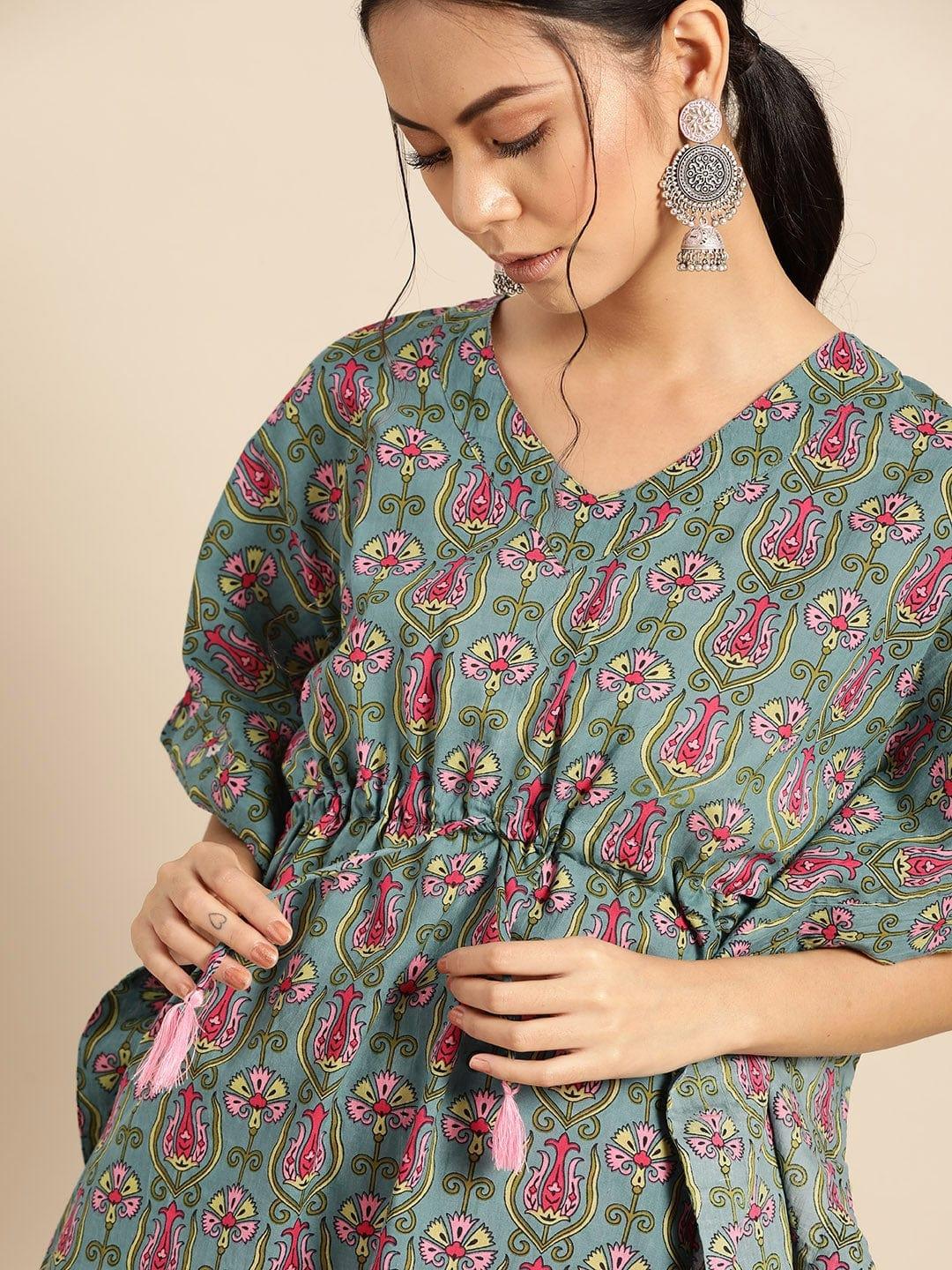 Blue & Pink Pure Cotton Printed Tunic with Palazzos - Indiakreations