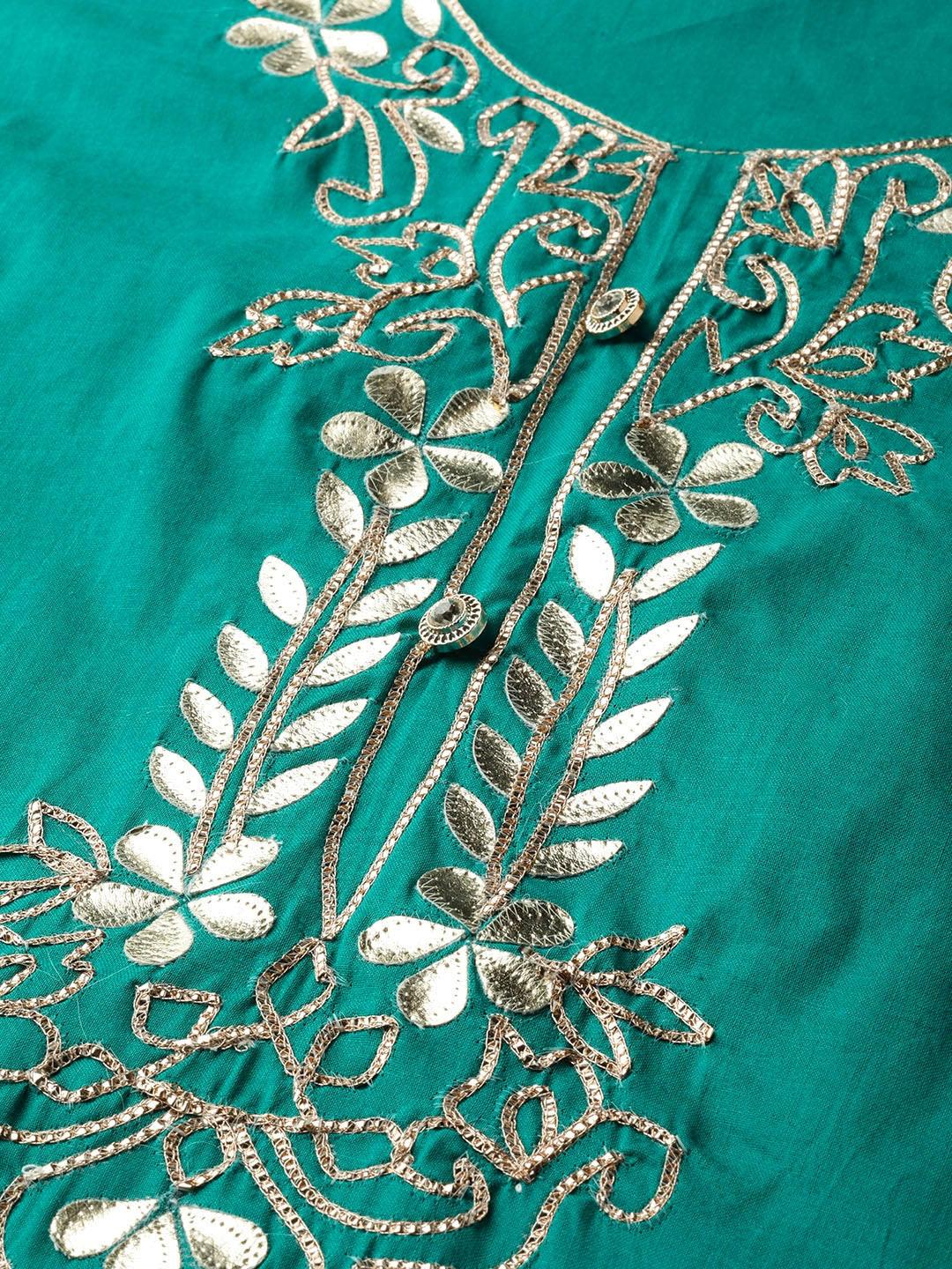 Women's Teal Green & Golden Yoke Design Straight Kurta - NOZ2TOZ - Indiakreations