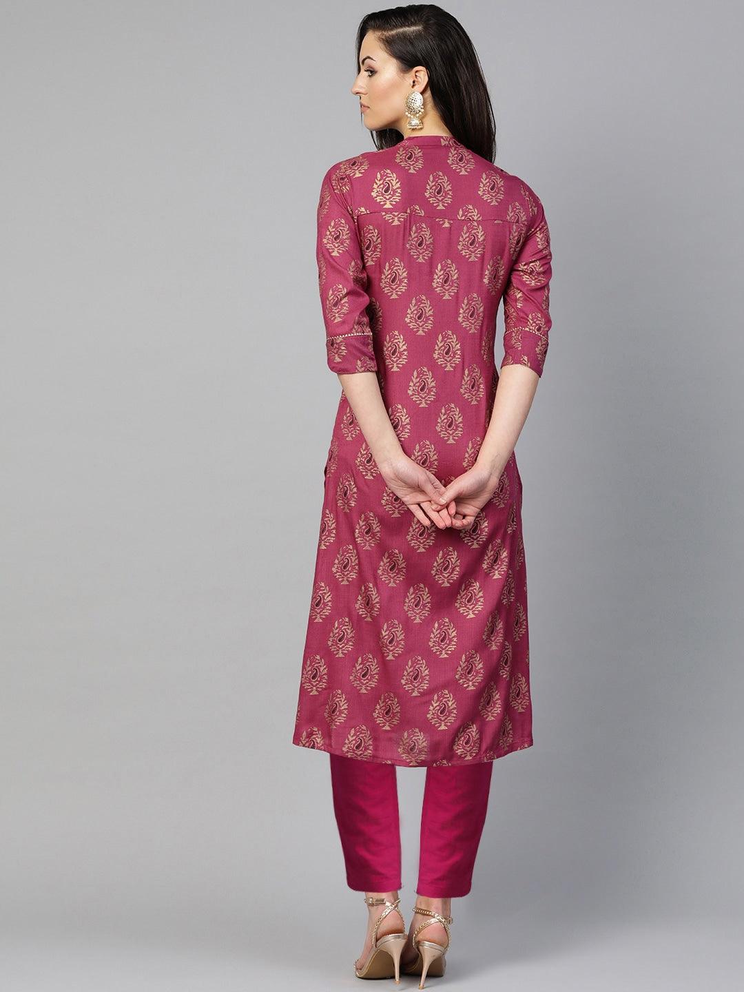 Women's Cotton Purple Foil Printed Gota Patti A-Line Kurta - Ishin - Indiakreations