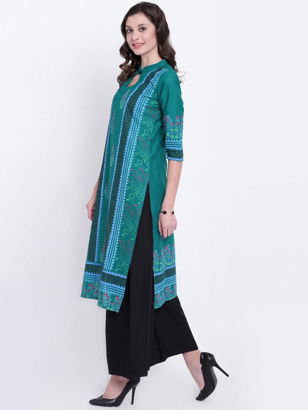 Women's Green & Blue Ethnic Motifs Block Print Kurta - Noz2Toz - Indiakreations