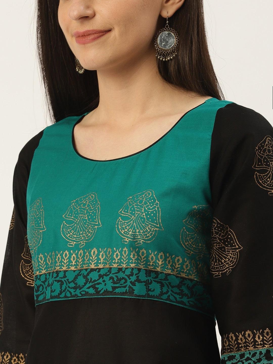 Women's Black & Golden Block Print A-Line Kurta - Noz2Toz - Indiakreations