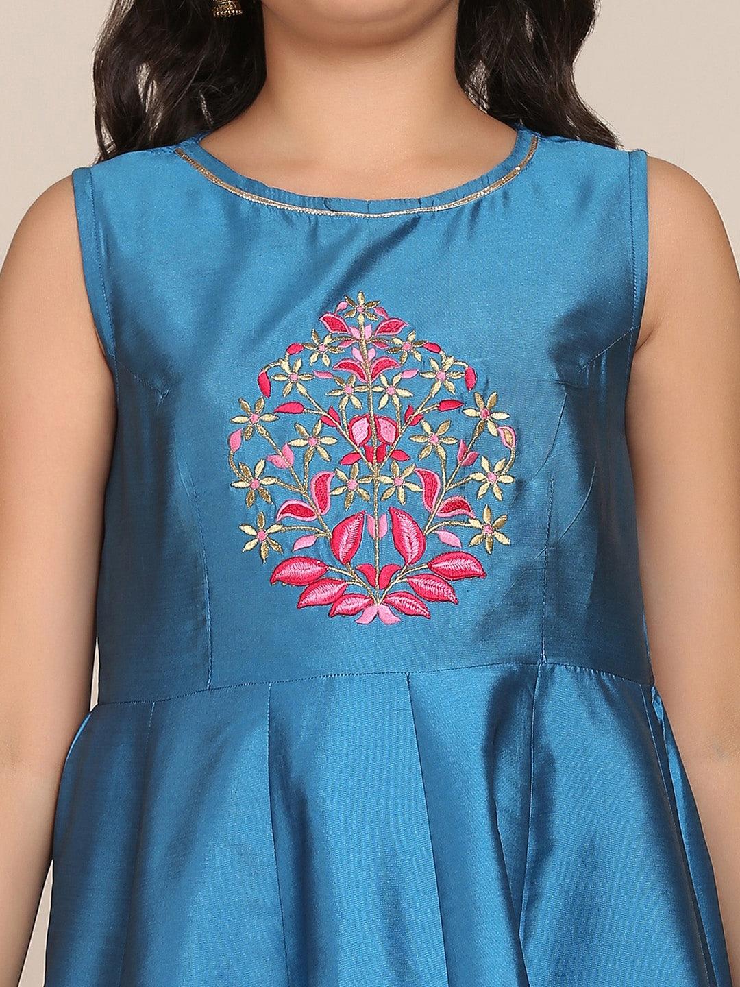 Girl's Blue Floral Embroidered Yoke Design Pleated Kurta with Palazzos & Dupatta - NOZ2TOZ KIDS - Indiakreations