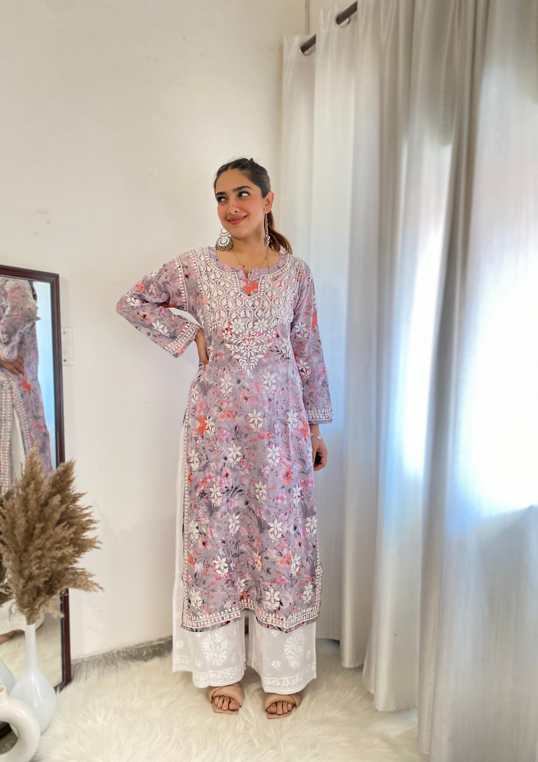 Zarah Mulmul Straight kurta with heavy chikankari embroidery and mulmul cotton in pink colour