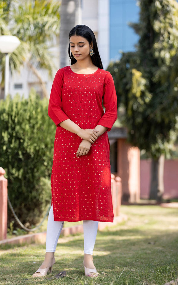 Women's Red Solid Sequin Embellishment Kurta - KAAJH