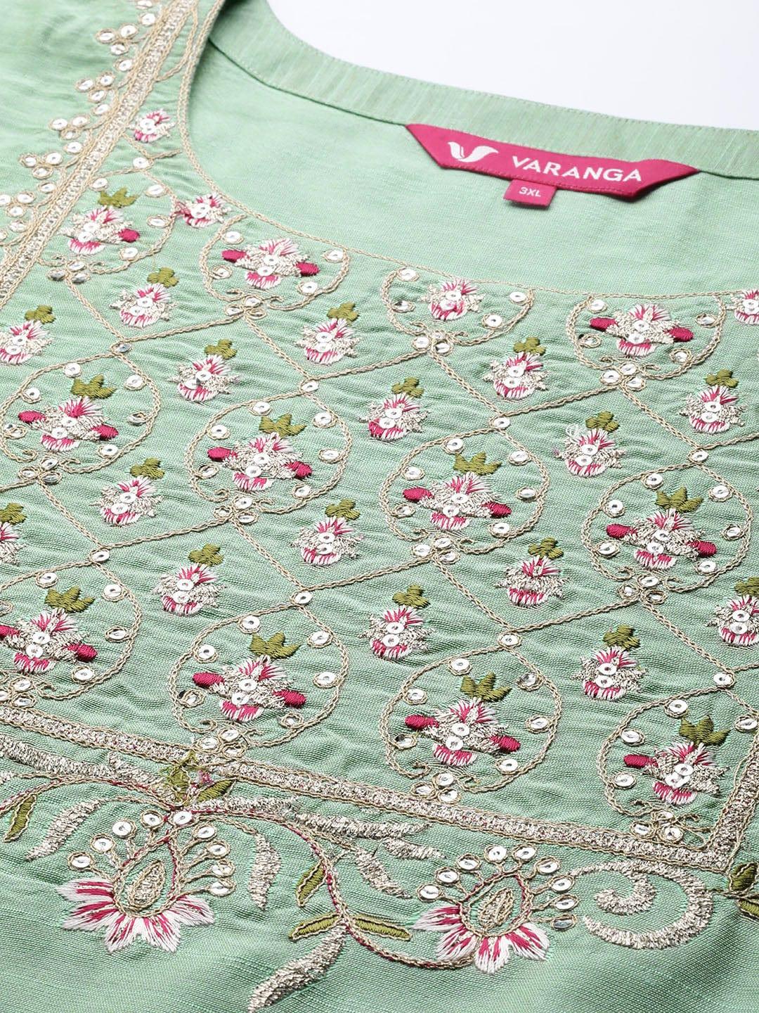 Varanga Women Plus Size Sea Green Floral Embroidered Thread Work Kurta - Indiakreations