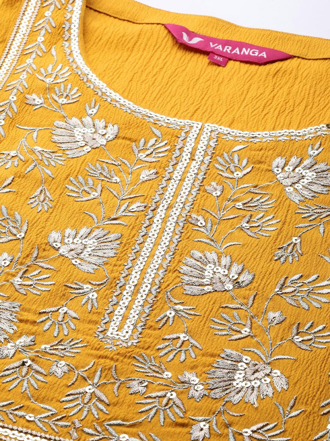 Varanga Women Plus Size Yellow & Gold-Toned Floral Embroidered Crepe Kurta - Indiakreations