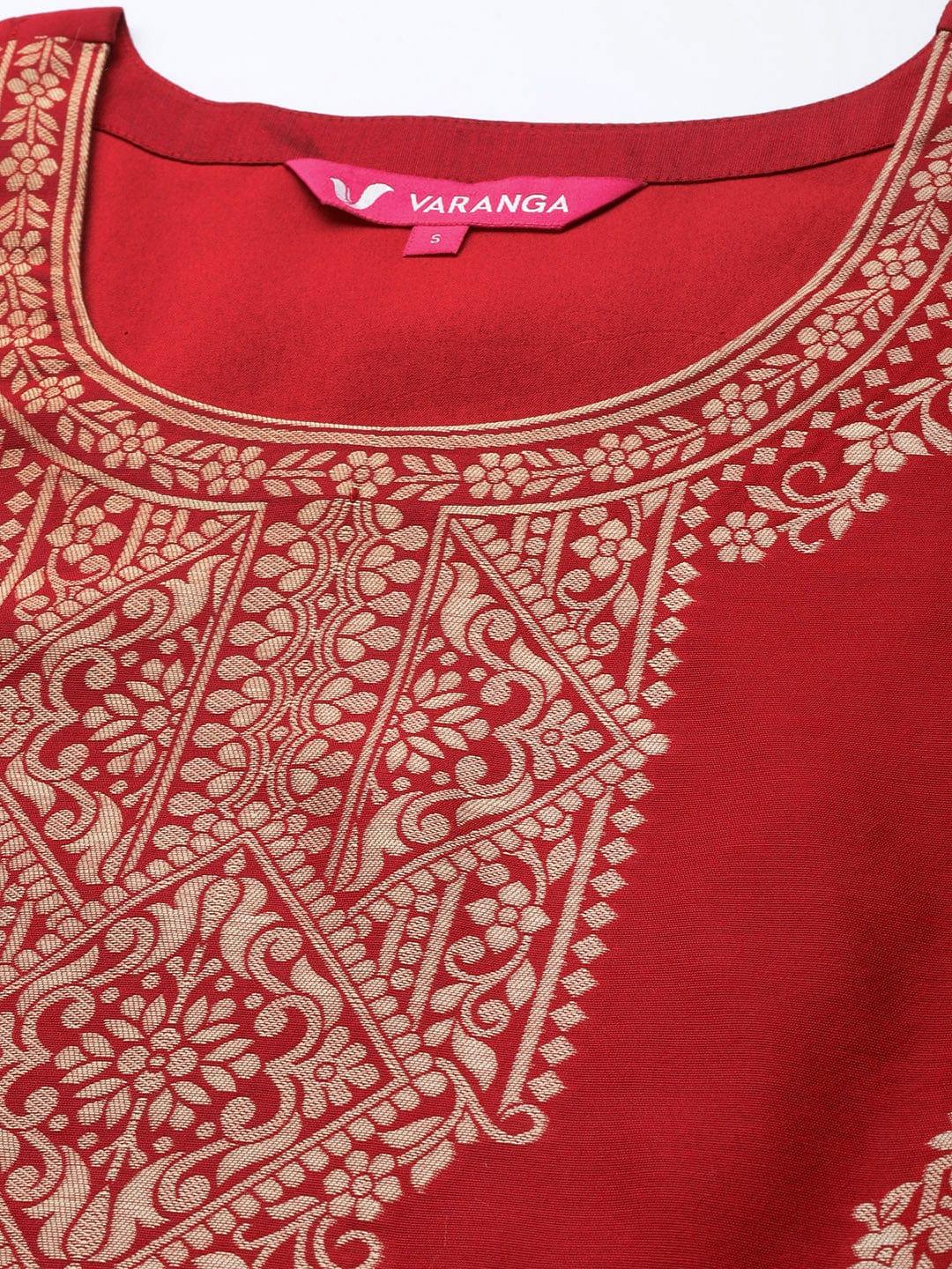 Varanga Women Red & Golden Kurta with Trousers & With Dupatta - Indiakreations