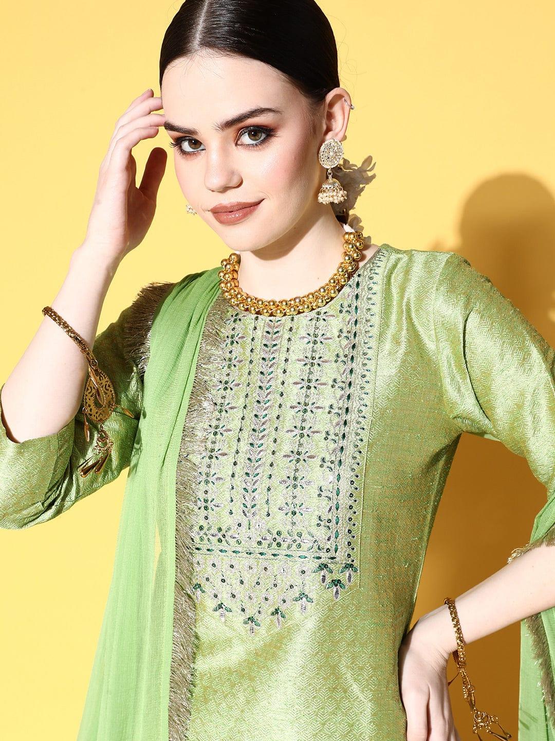 Varanga Women Green Ethnic Motifs Gotta Patti Kurta with Trousers & With Dupatta - Indiakreations