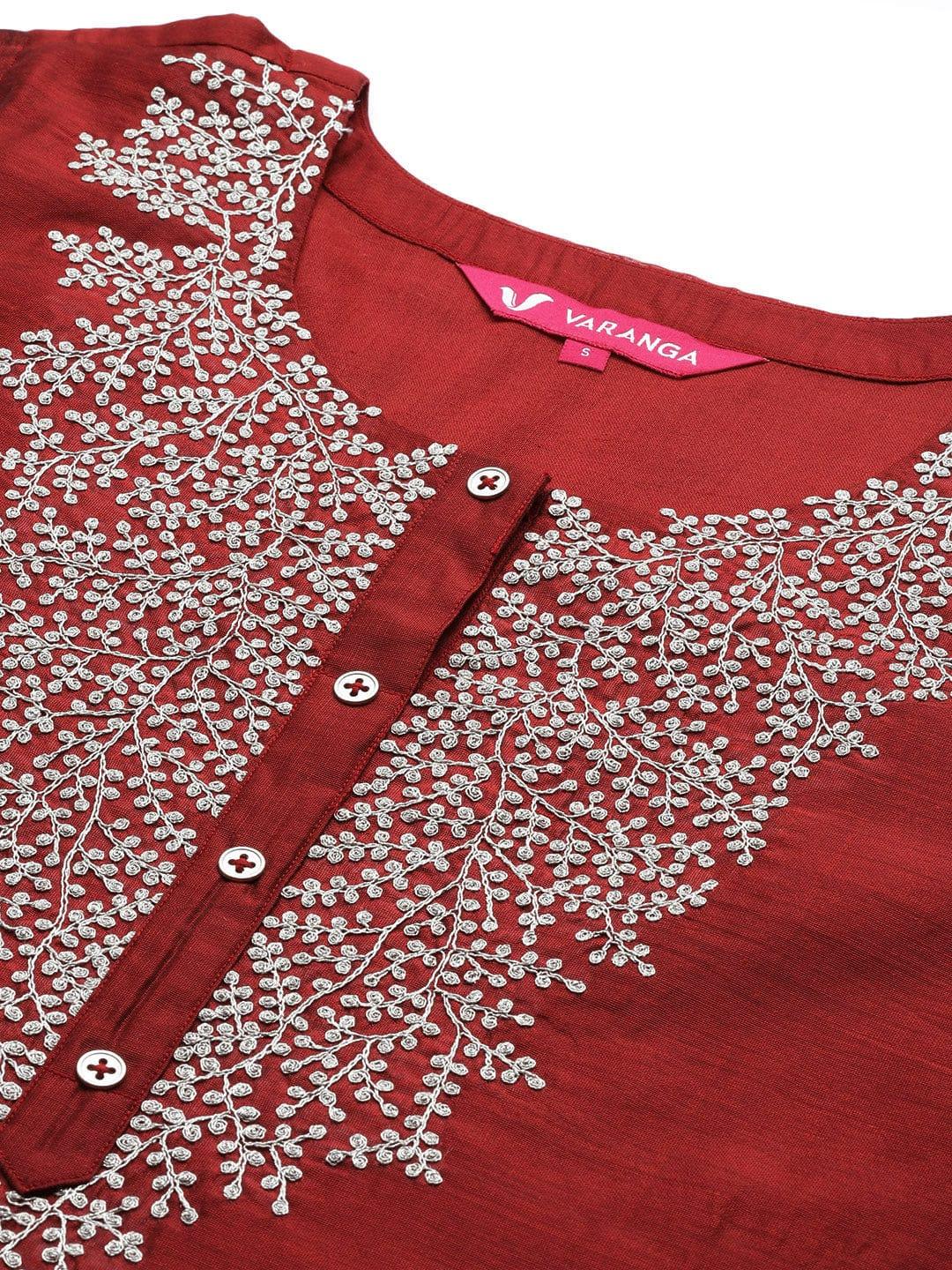 Varanga red embroidered kurta with tonal trouser and printed dupattta - Indiakreations