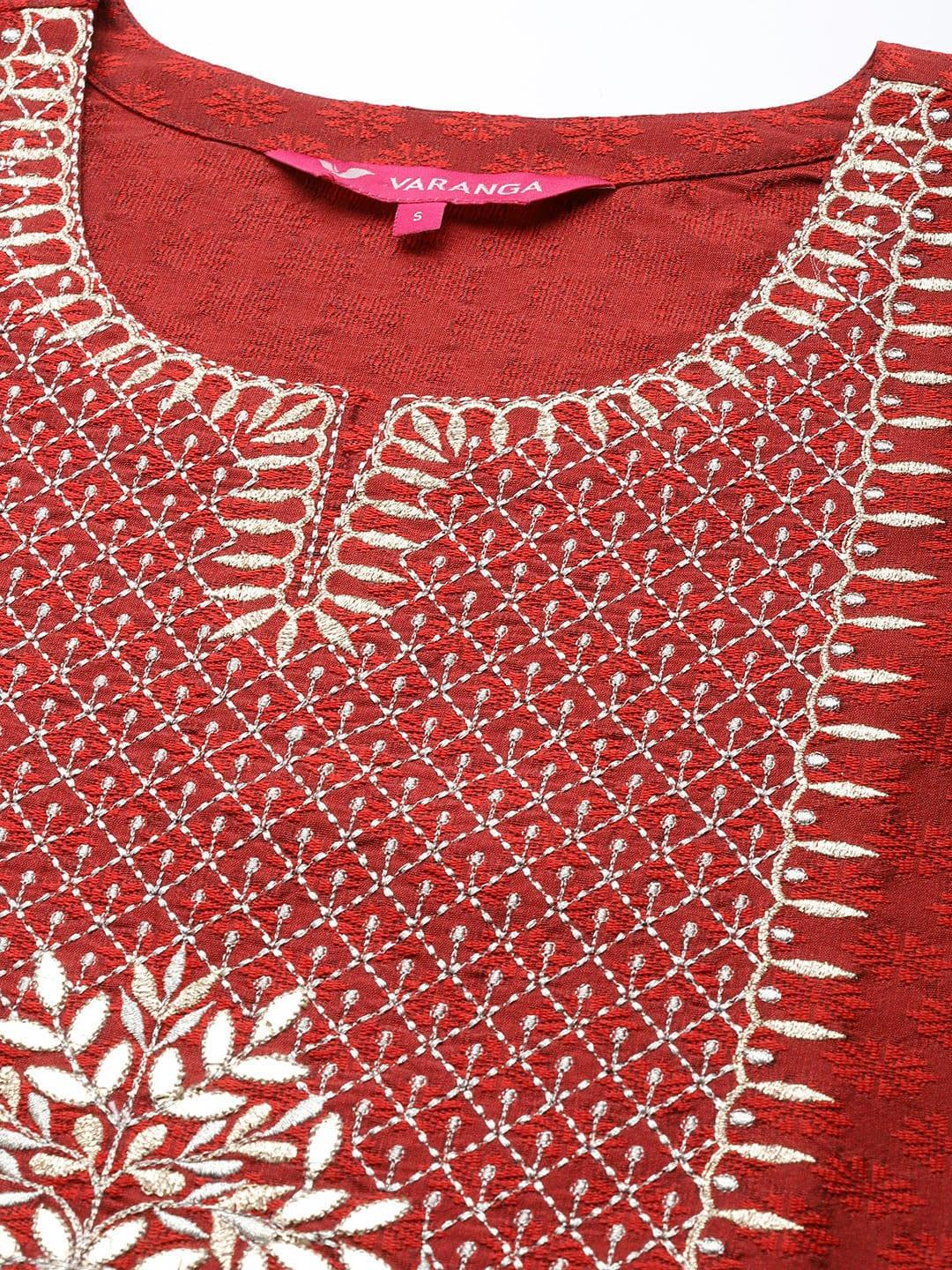 Varanga Red Embroidered Kurta Paired With Straight Bottom And Contrast Bottom - Indiakreations