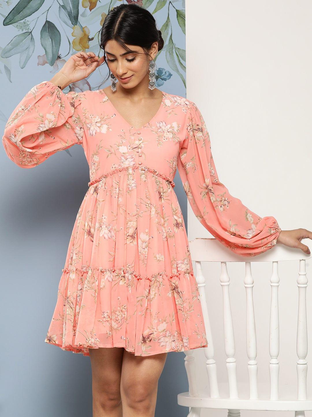 Varanga Peach-Coloured & Beige Floral Georgette A-Line Dress - Indiakreations