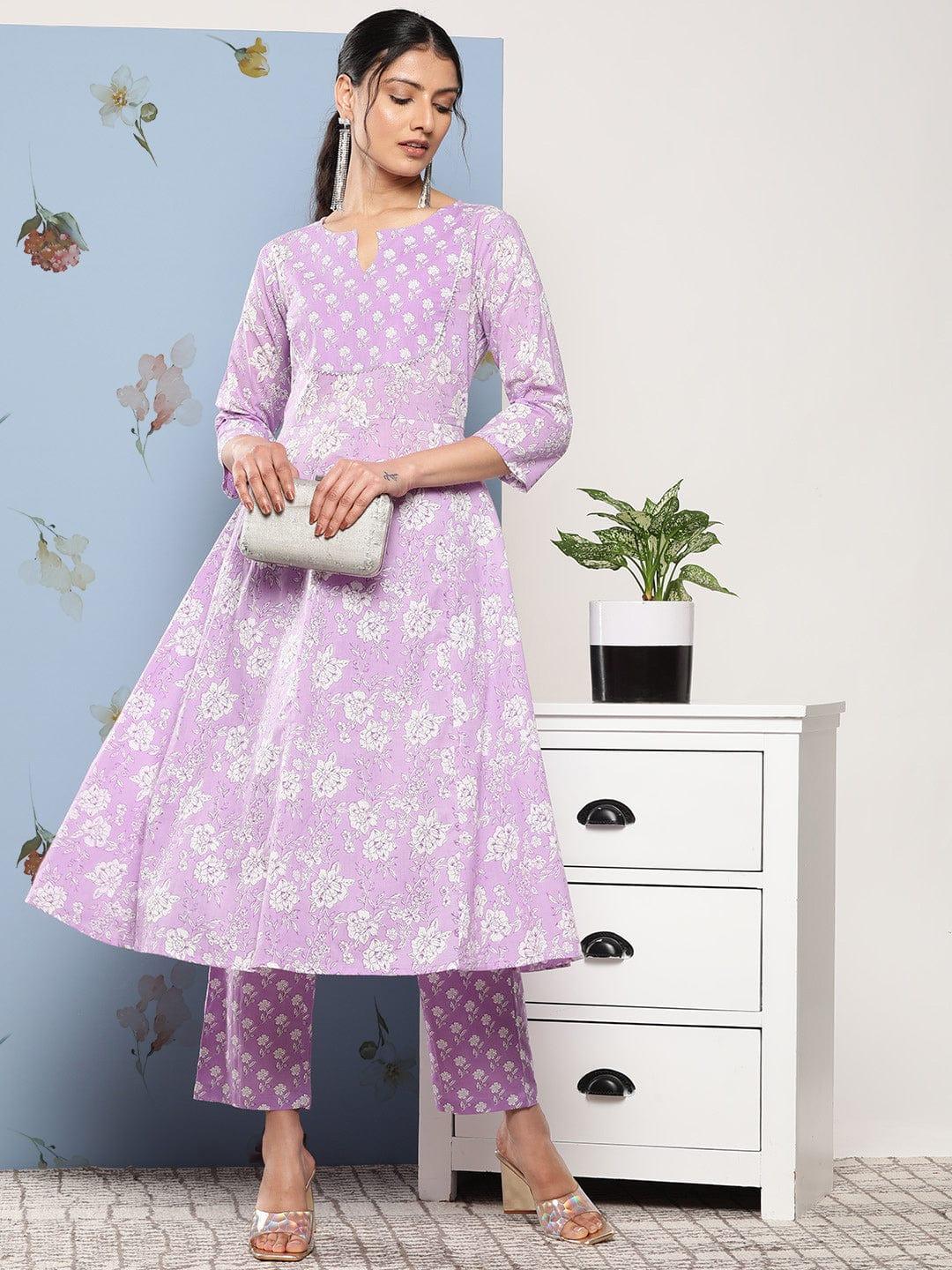 Varanga Women Purple Floral Printed Empire Gotta Patti Pure Cotton Kurta with Trousers - Indiakreations