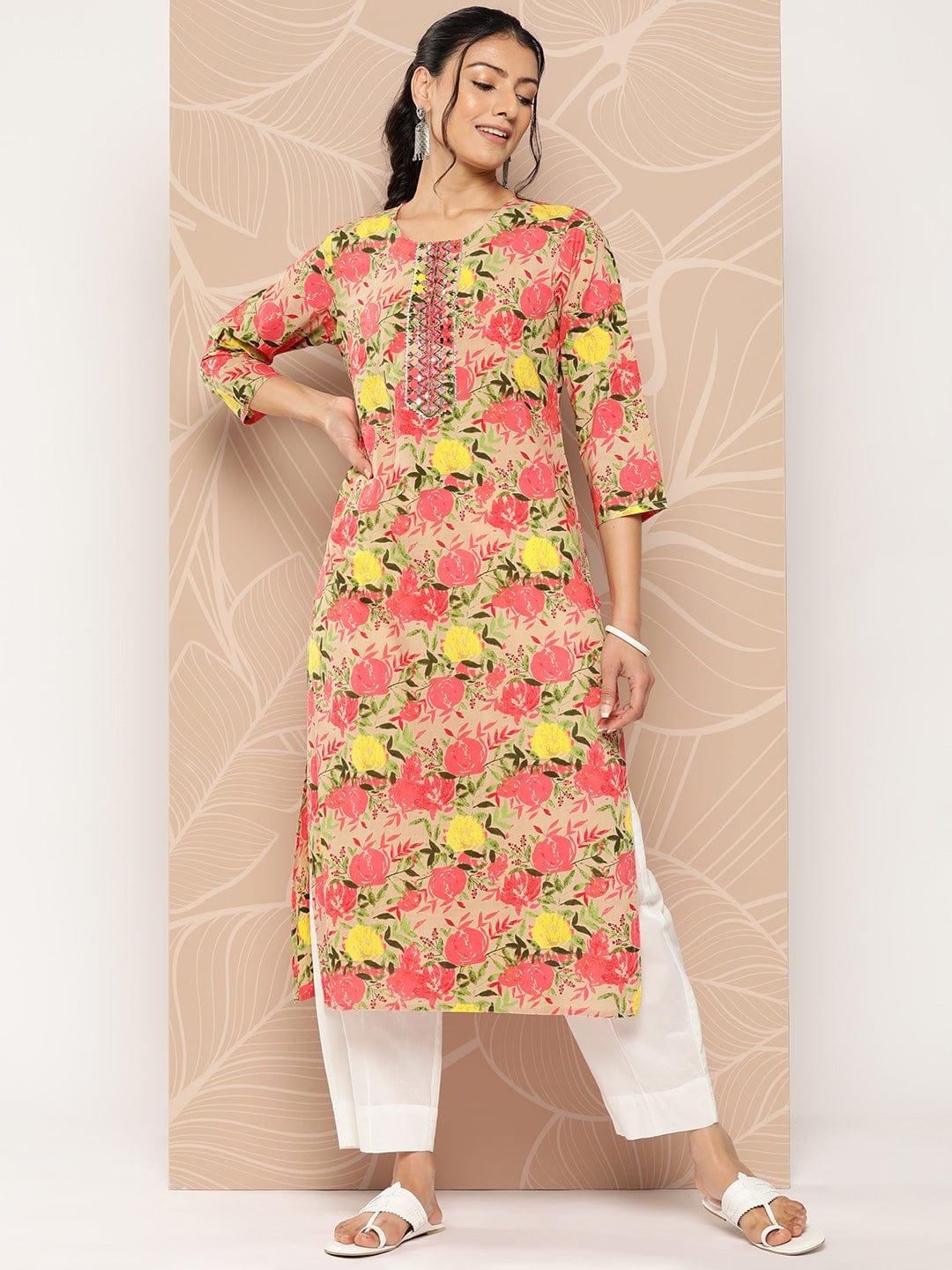 Varanga Women Beige & Pink Floral Printed Floral Kurta - Indiakreations