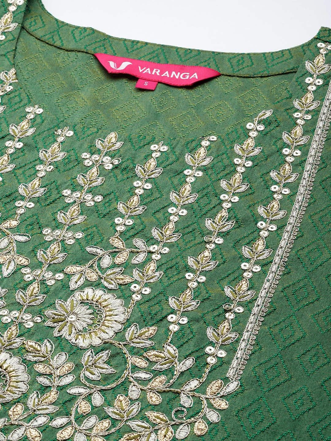 Varanga Women Green Ethnic Motifs Embroidered Kurta with Trousers & With Dupatta - Indiakreations