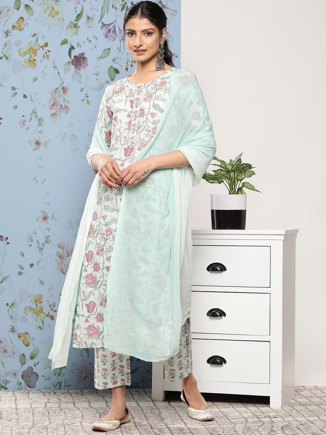 Varanga Women Blue Floral Printed Gotta Patti Pure Cotton Kurta with Trousers & With Dupatta - Indiakreations