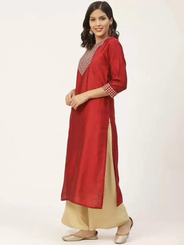 Women Embellished Silk Blend Straight Kurta (Maroon) - Indiakreations