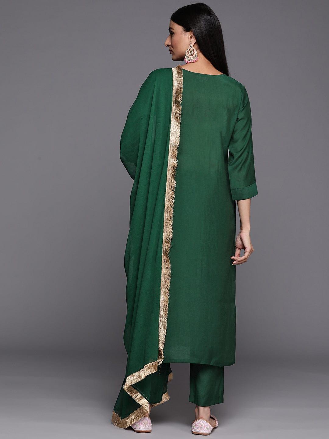 Varanga Women Green Ethnic Motifs Embroidered Gotta Patti Kurta with Trousers & With Dupatta - Indiakreations