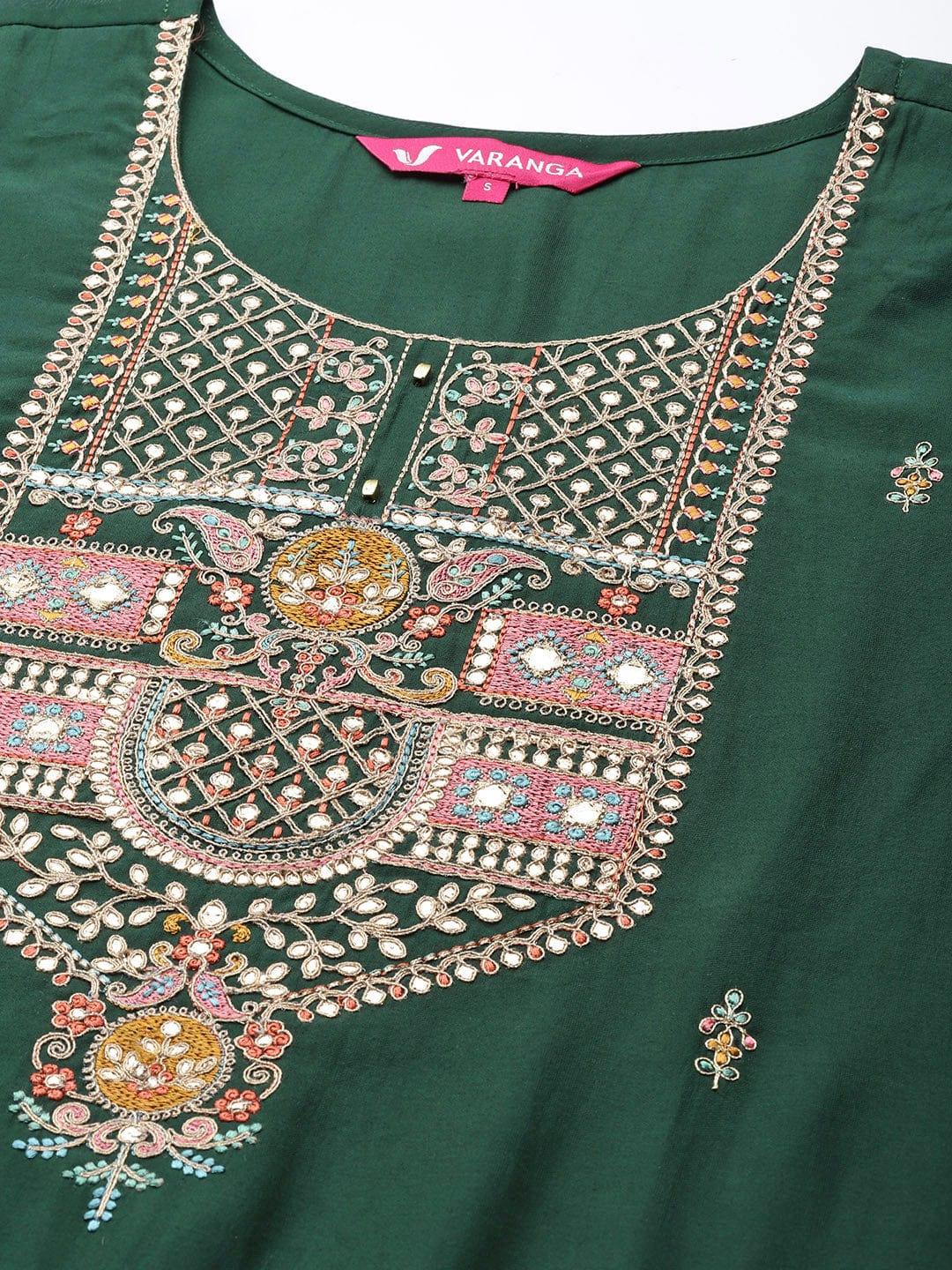 Varanga Women Green Ethnic Motifs Embroidered Gotta Patti Kurta with Trousers & With Dupatta - Indiakreations