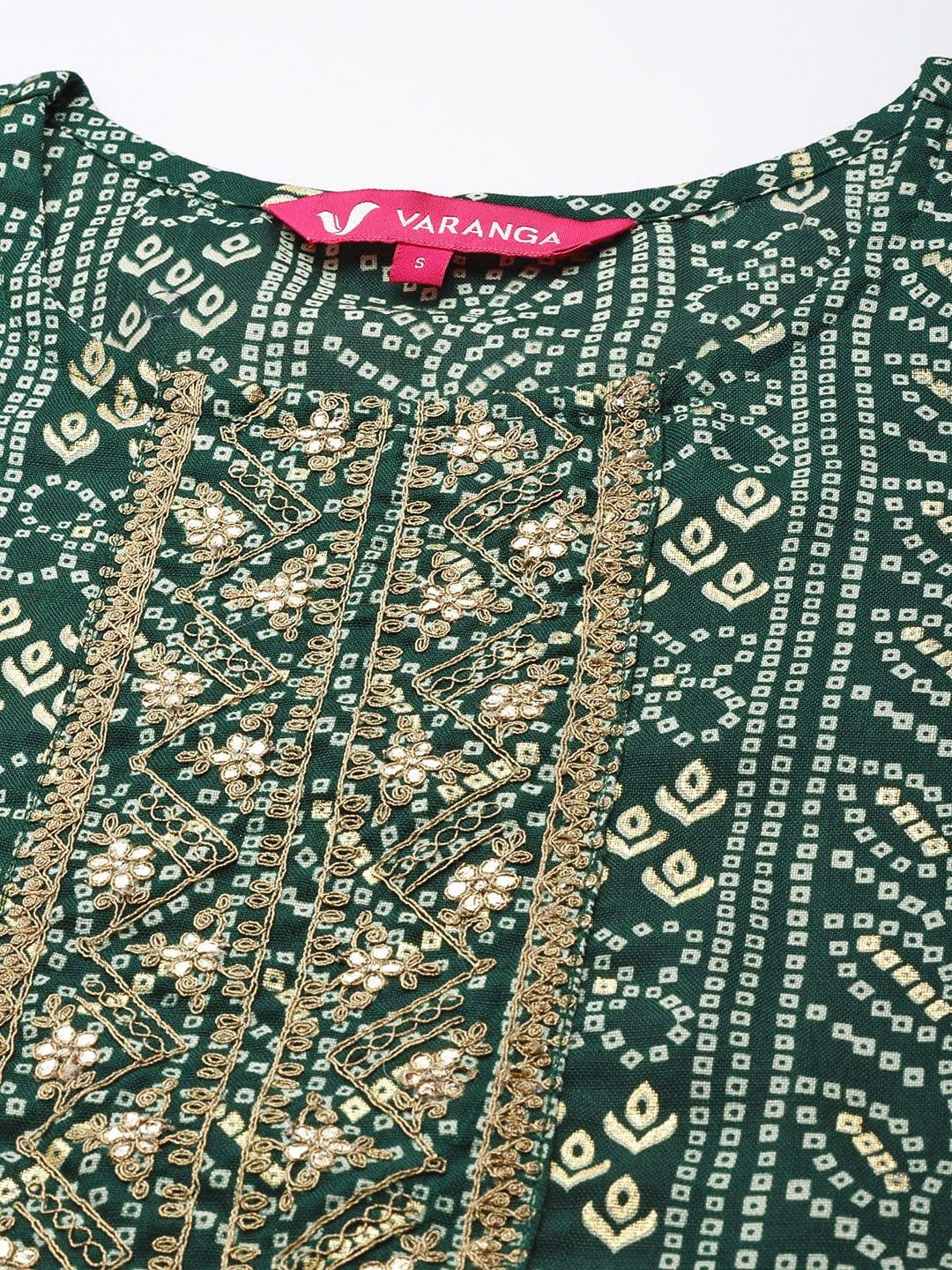 Varanga Women Green Bandhani Print Mirror Work Kurta - Indiakreations