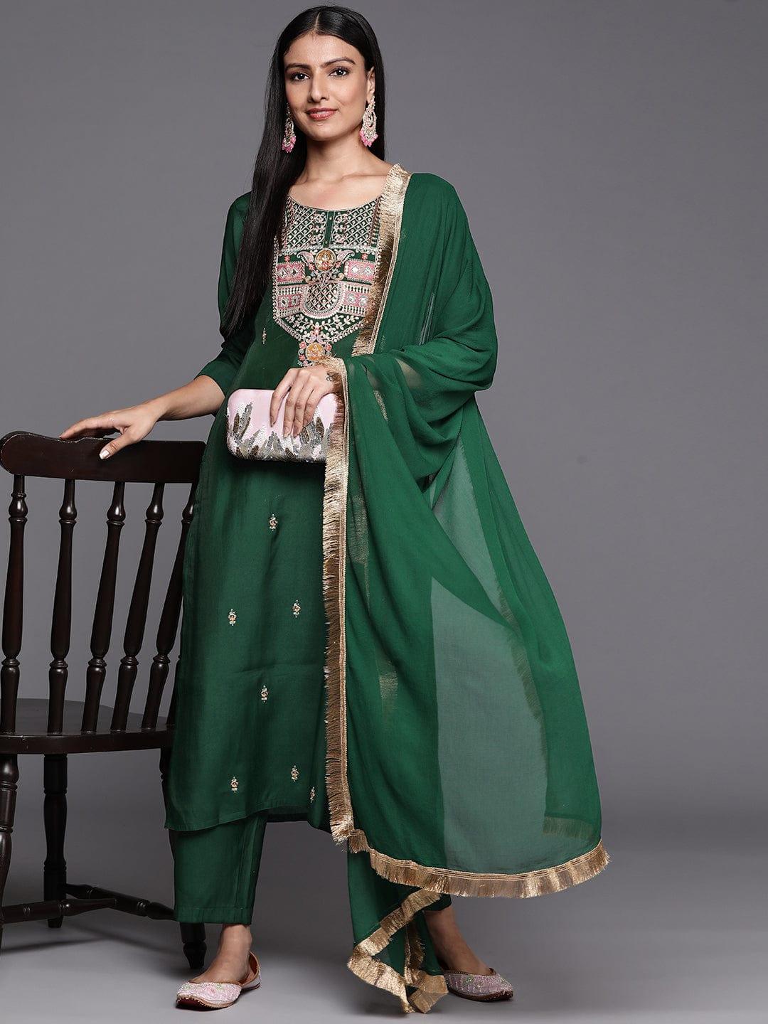 Varanga Women Green Ethnic Motifs Embroidered Gotta Patti Kurta with Trousers & With Dupatta - Indiakreations