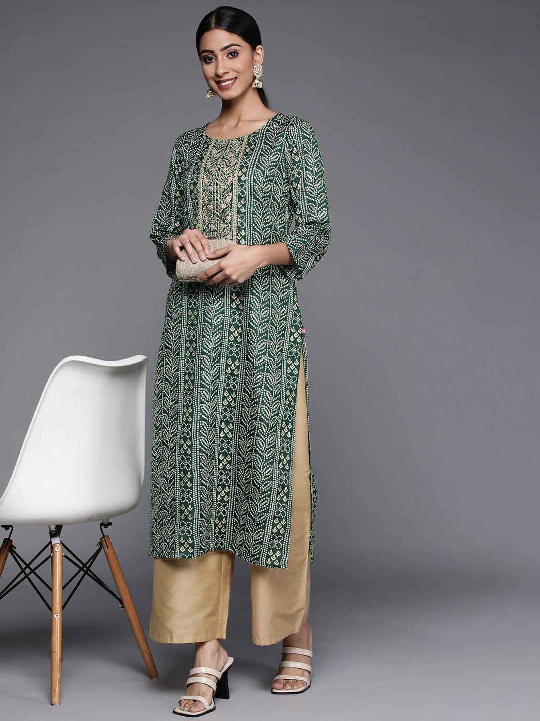 Varanga Women Green Bandhani Print Mirror Work Kurta - Indiakreations