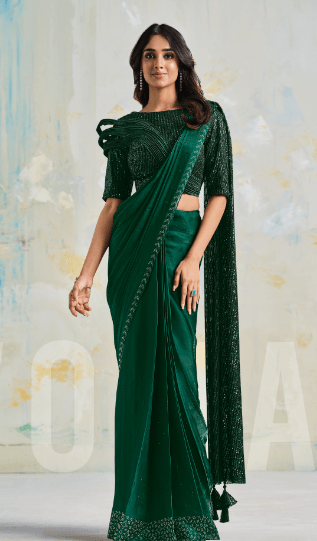 Latest Green Designer Silk Crepe Party Wear Saree - Indiakreations