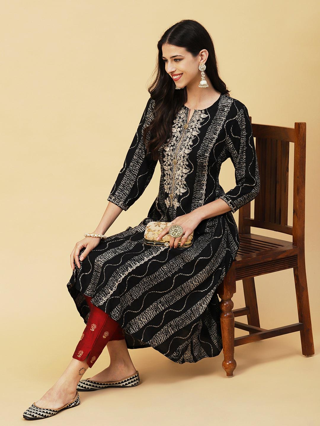 Abstract Stripes Foil Printed & Embroidered A-Line Flared Kurta - Black - Indiakreations