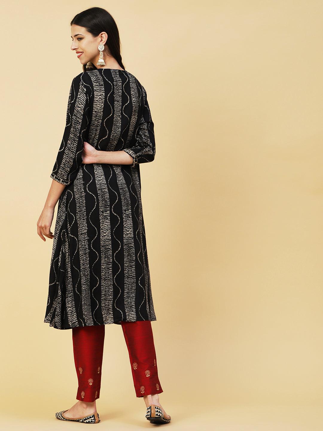 Abstract Stripes Foil Printed & Embroidered A-Line Flared Kurta - Black - Indiakreations