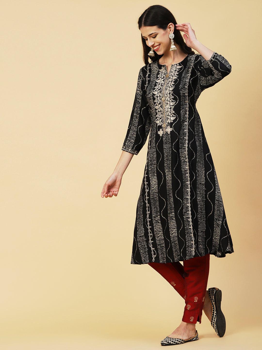 Abstract Stripes Foil Printed & Embroidered A-Line Flared Kurta - Black - Indiakreations