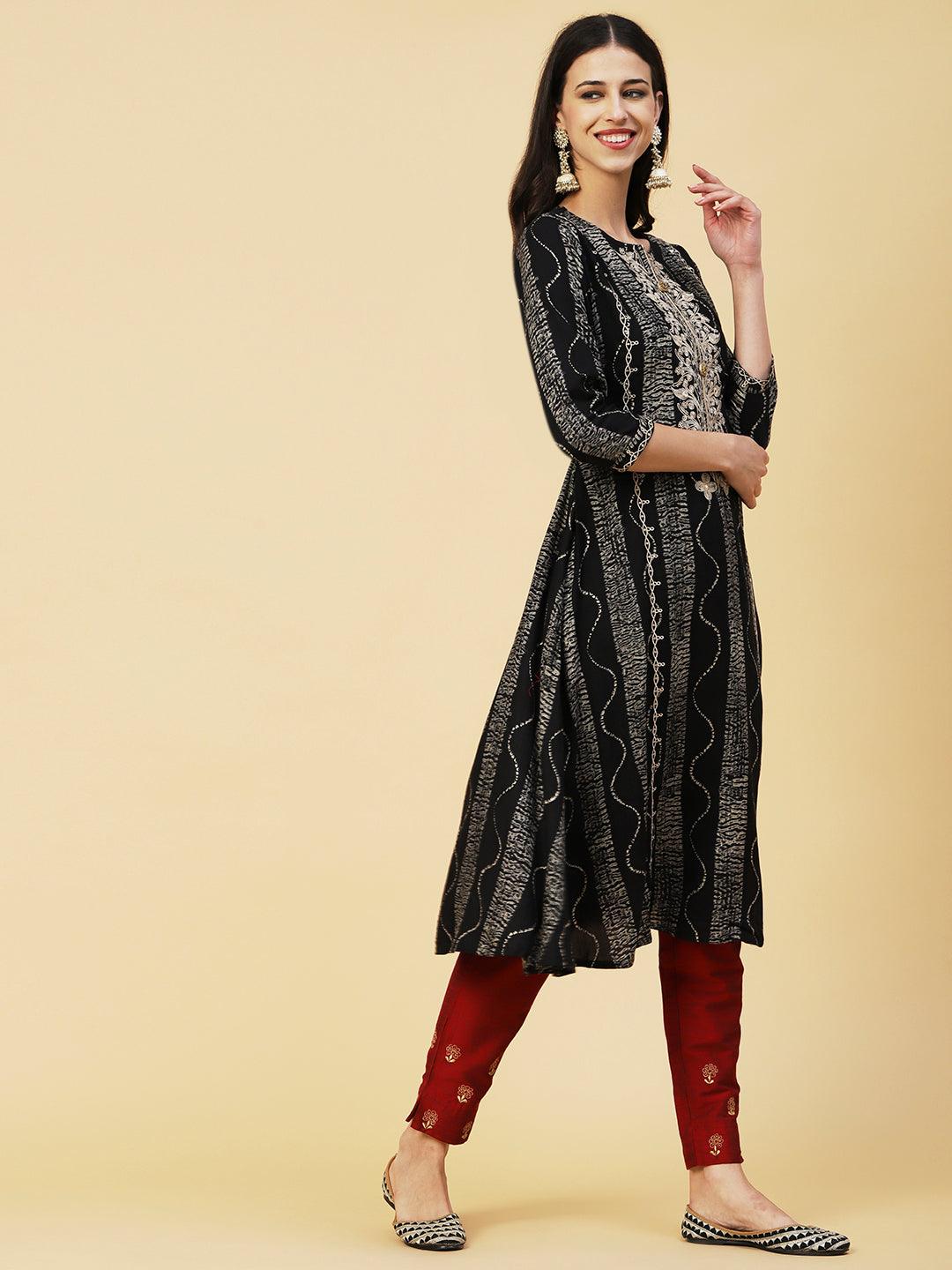 Abstract Stripes Foil Printed & Embroidered A-Line Flared Kurta - Black - Indiakreations