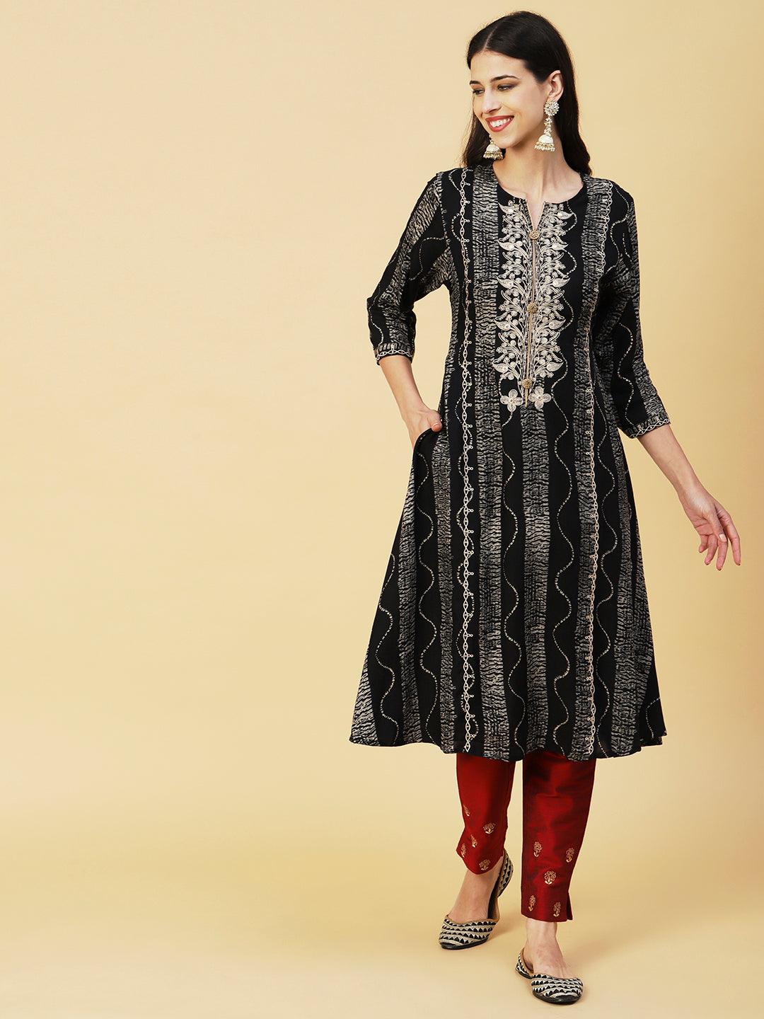 Abstract Stripes Foil Printed & Embroidered A-Line Flared Kurta - Black - Indiakreations