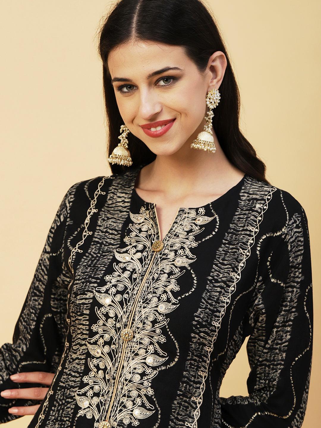 Abstract Stripes Foil Printed & Embroidered A-Line Flared Kurta - Black - Indiakreations