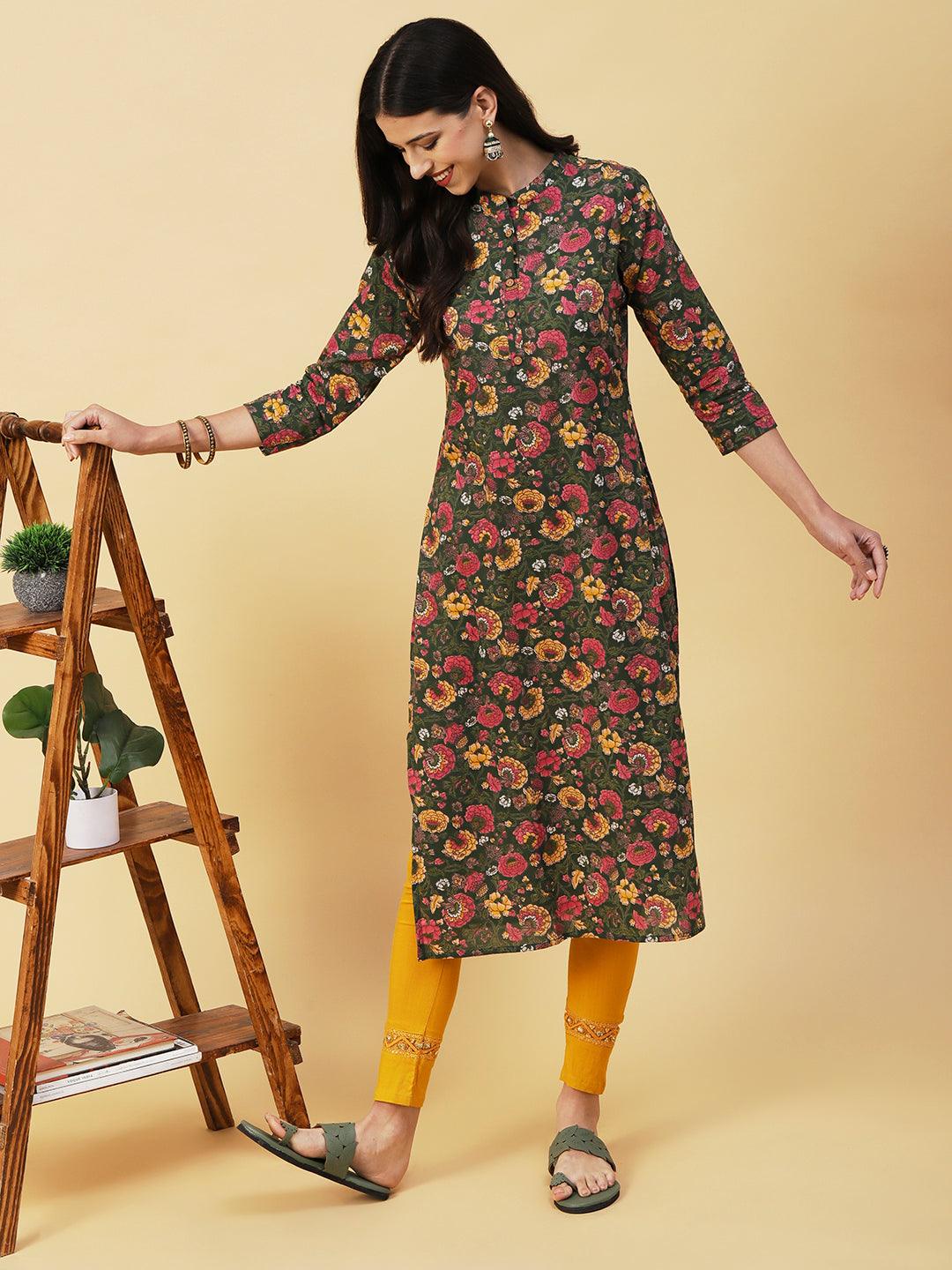 Floral Printed Buttoned Kurta - Green & Multi - Indiakreations