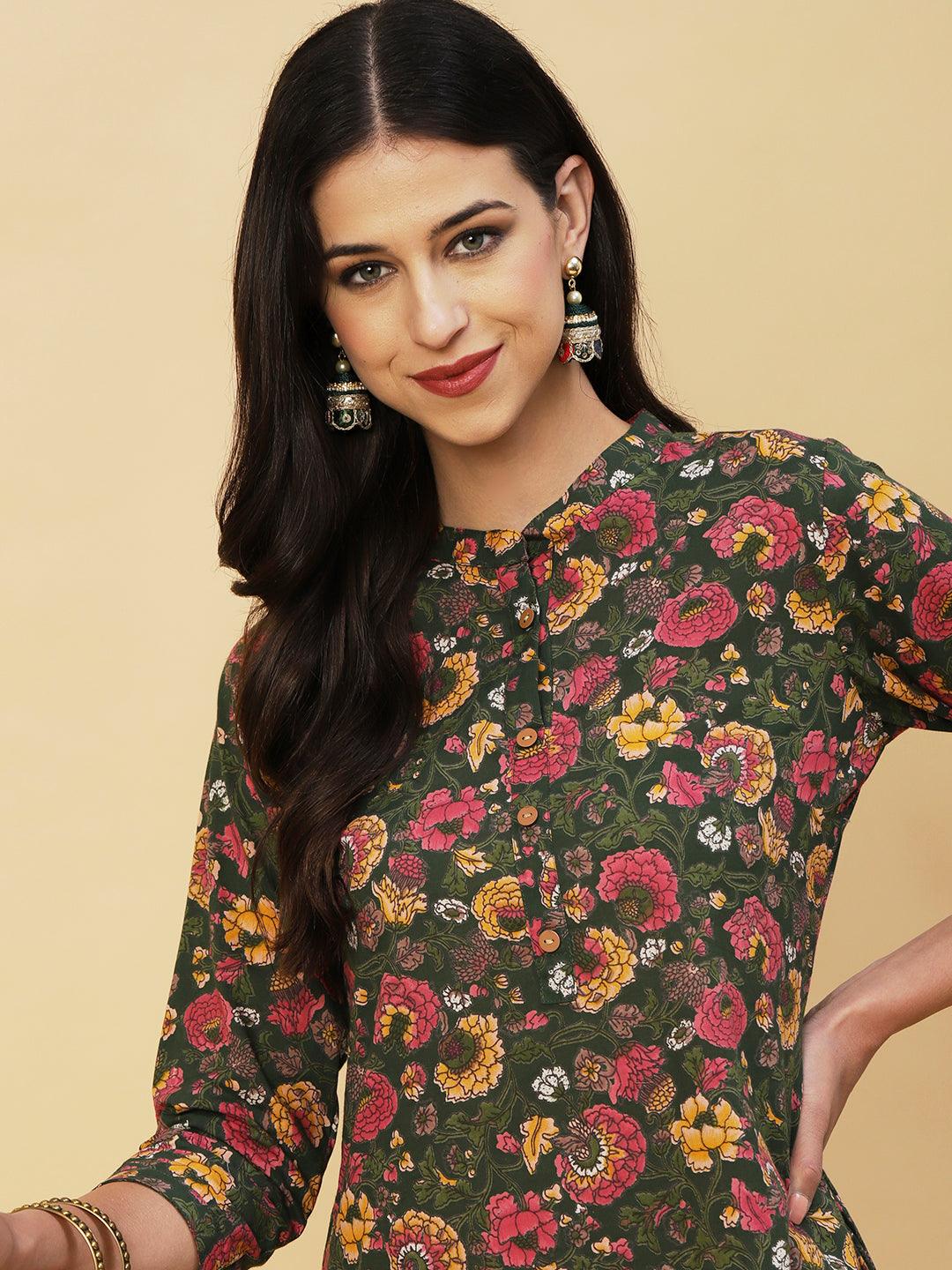 Floral Printed Buttoned Kurta - Green & Multi - Indiakreations