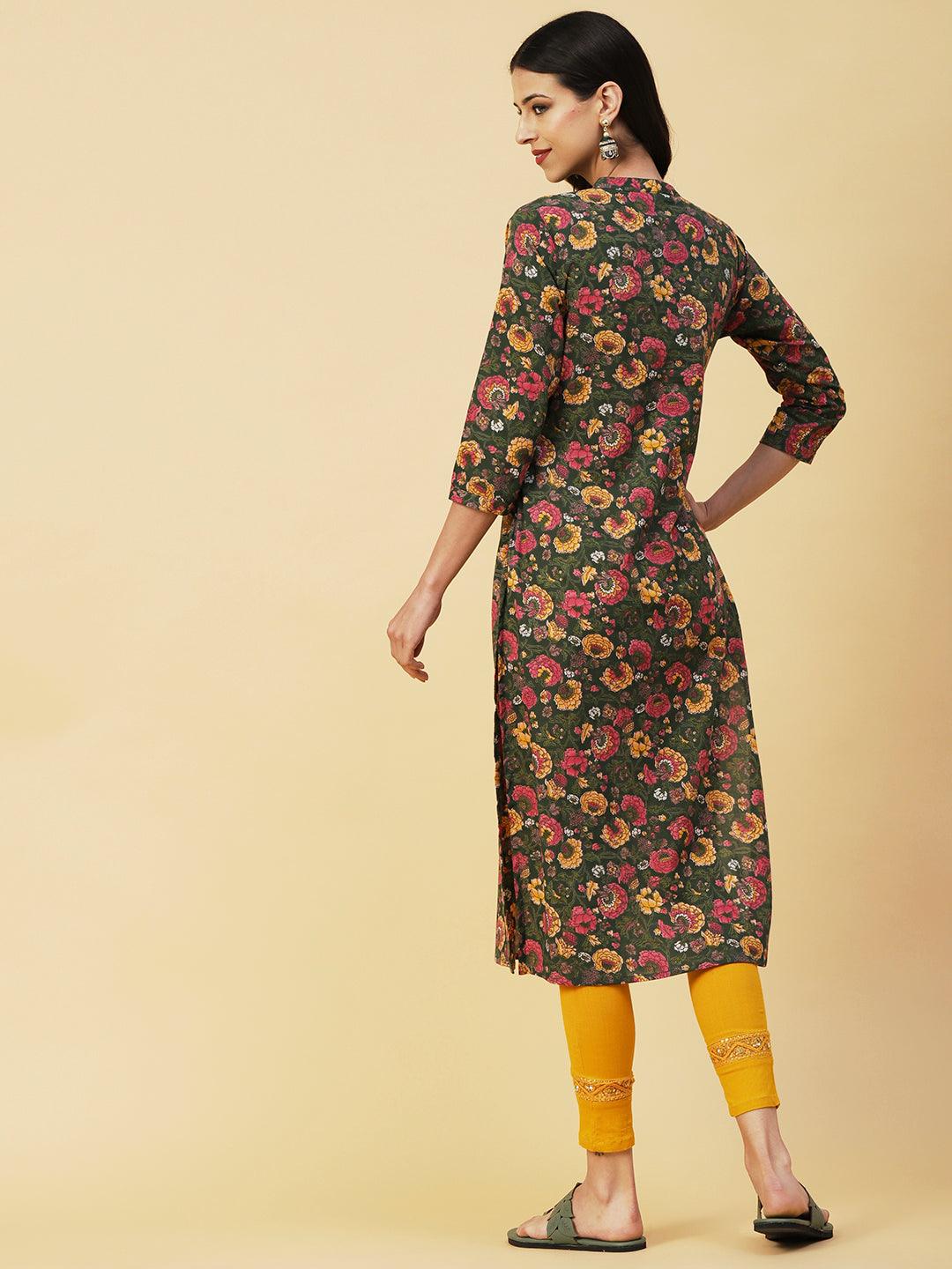 Floral Printed Buttoned Kurta - Green & Multi - Indiakreations