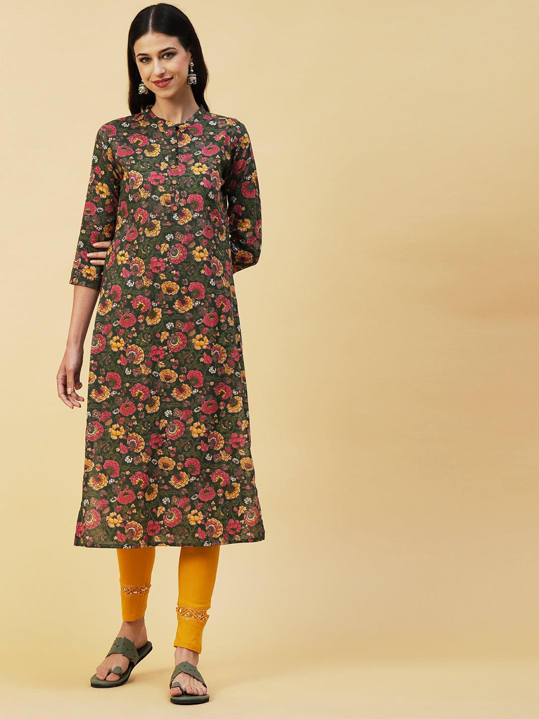 Floral Printed Buttoned Kurta - Green & Multi - Indiakreations