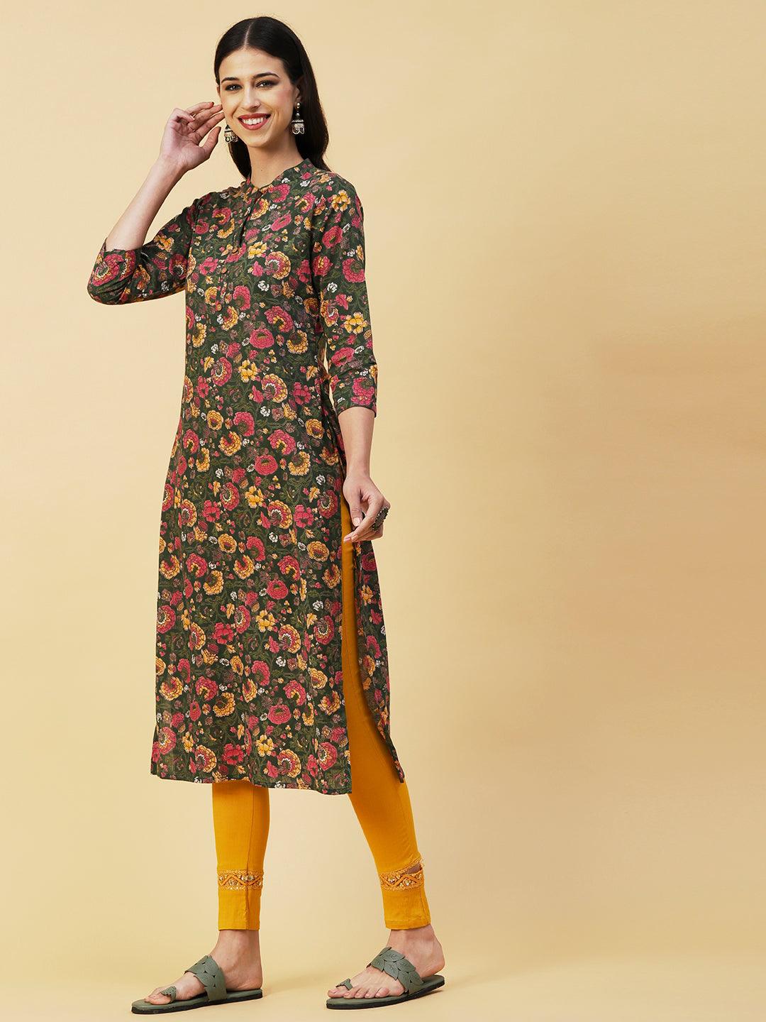 Floral Printed Buttoned Kurta - Green & Multi - Indiakreations