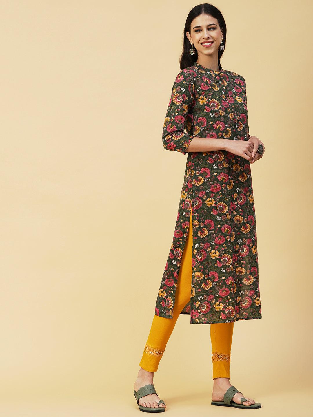 Floral Printed Buttoned Kurta - Green & Multi - Indiakreations