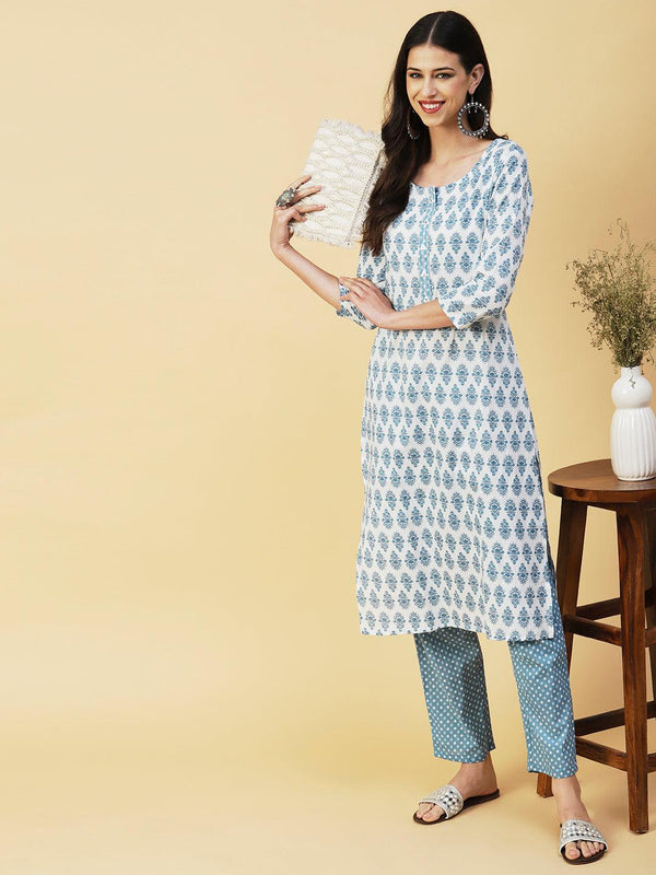 Floral Block Printed Mirror & Resham Embroidered Kurta With Polka Dotted Pants - White & Blue - Indiakreations