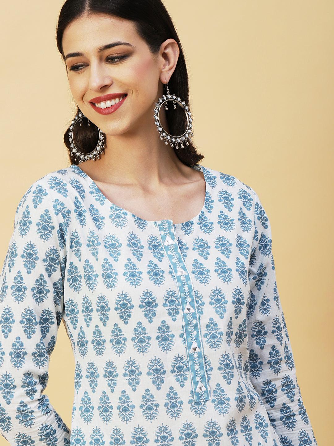 Floral Block Printed Mirror & Resham Embroidered Kurta With Polka Dotted Pants - White & Blue - Indiakreations