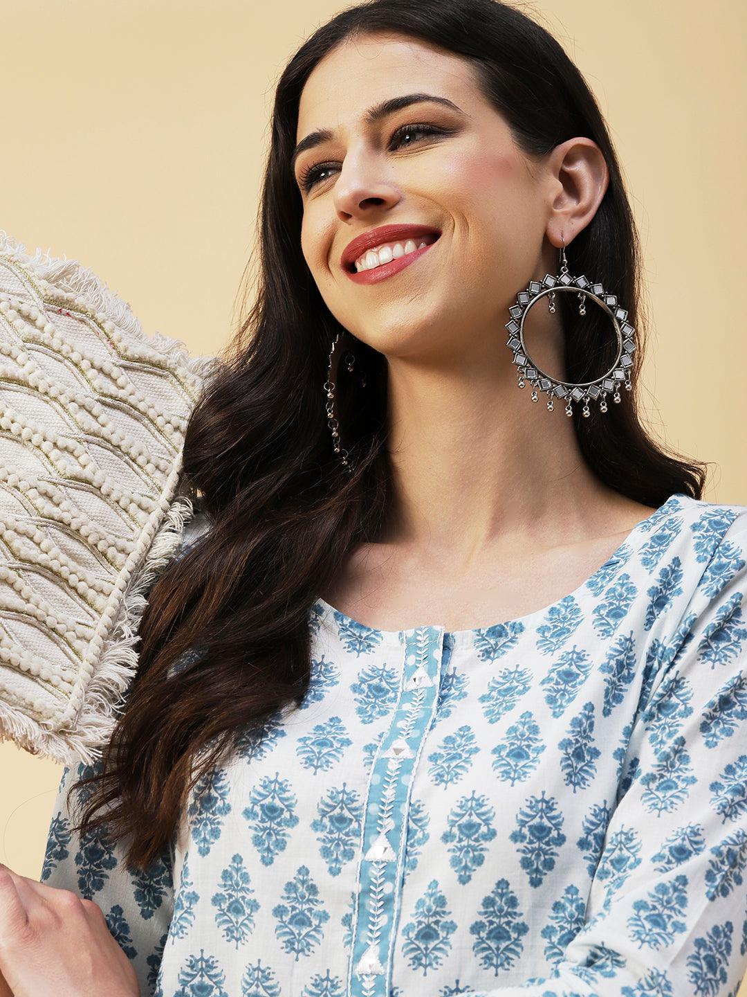 Floral Block Printed Mirror & Resham Embroidered Kurta With Polka Dotted Pants - White & Blue - Indiakreations