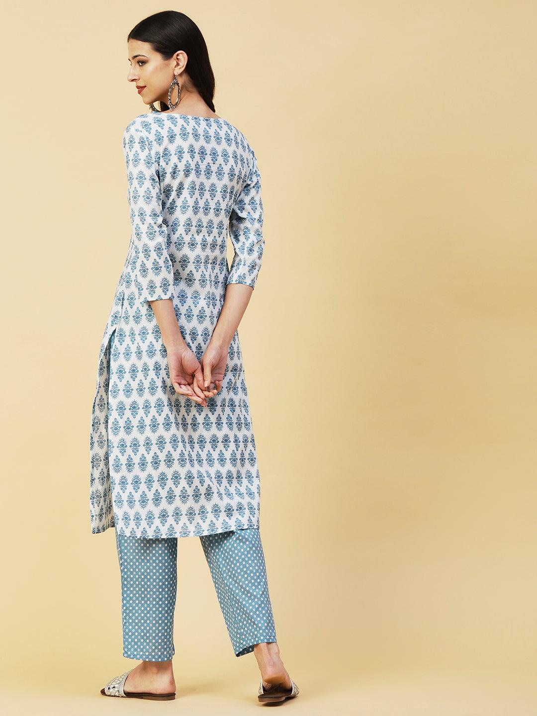 Floral Block Printed Mirror & Resham Embroidered Kurta With Polka Dotted Pants - White & Blue - Indiakreations