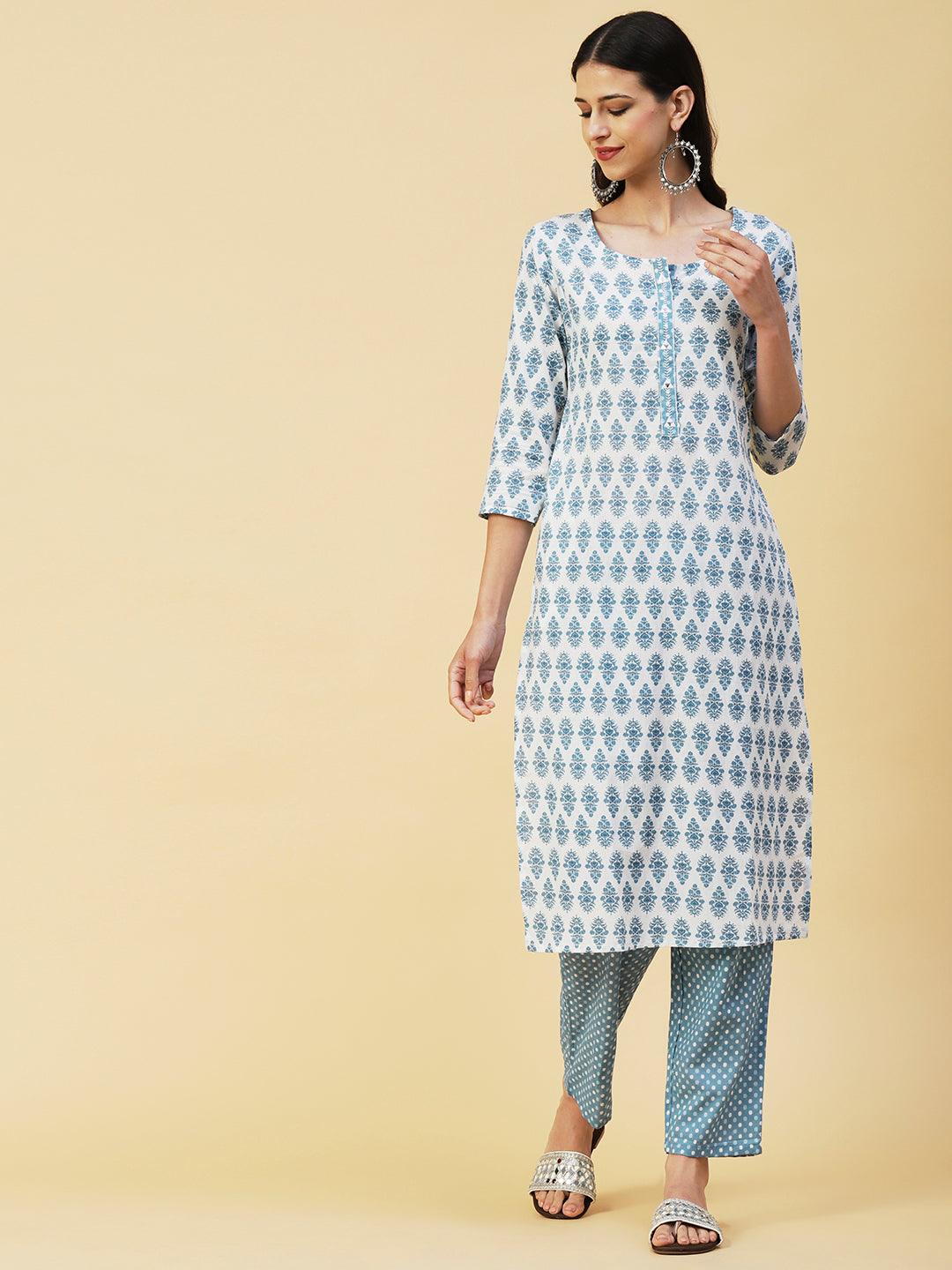 Floral Block Printed Mirror & Resham Embroidered Kurta With Polka Dotted Pants - White & Blue - Indiakreations