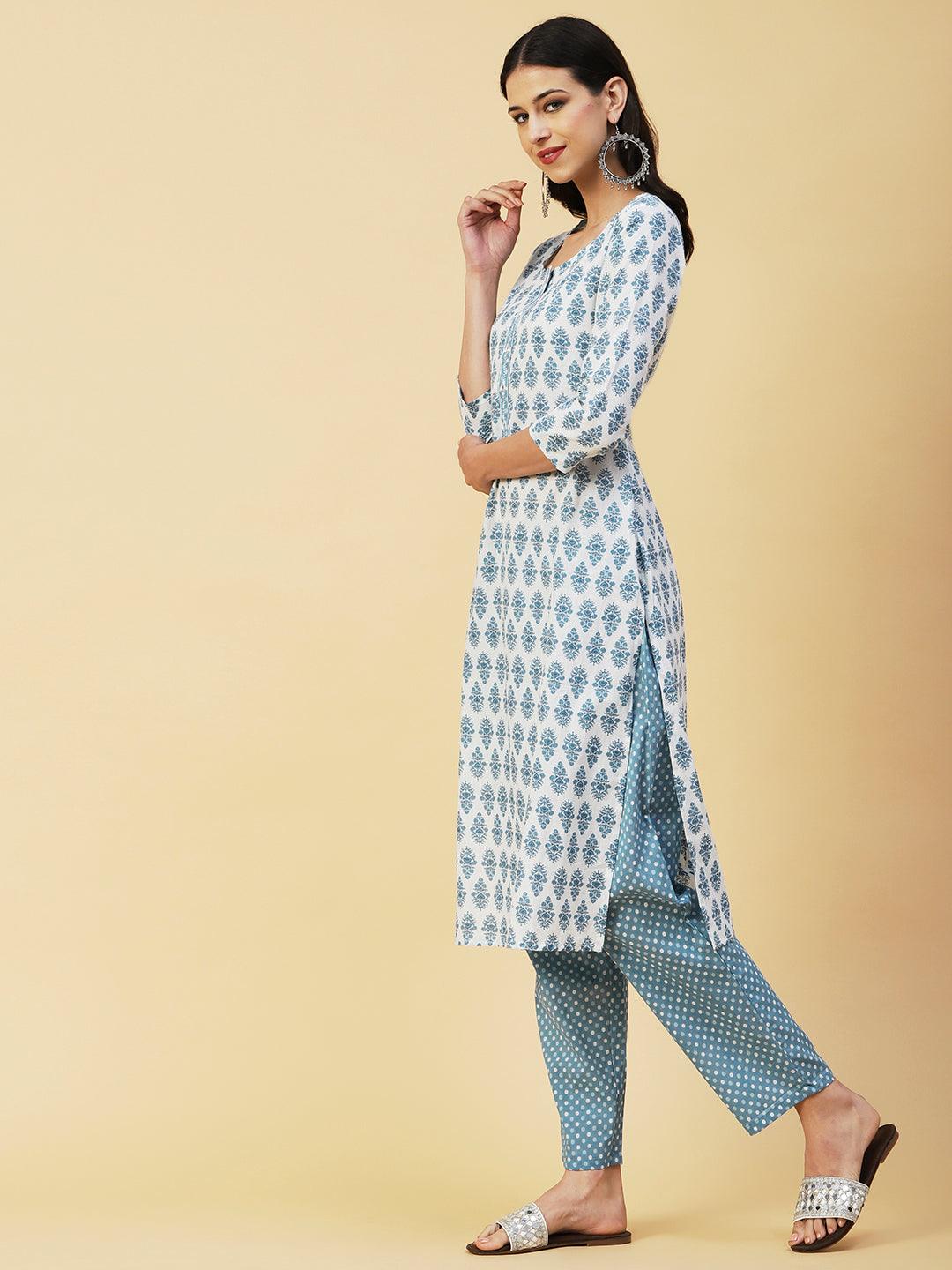 Floral Block Printed Mirror & Resham Embroidered Kurta With Polka Dotted Pants - White & Blue - Indiakreations