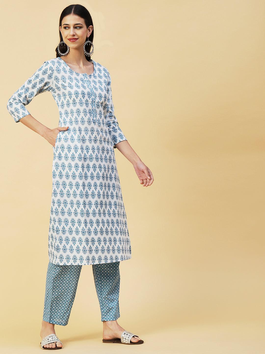 Floral Block Printed Mirror & Resham Embroidered Kurta With Polka Dotted Pants - White & Blue - Indiakreations